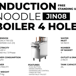 noodle boiler 4 lubang 21l, kompor mie induksi 450x750 mm, kompor mie listrik 4 basket, jual kompor mie induksi jin08,