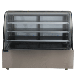 cake Display Chiller 1500x700x1240 CG-150FA - Etalase Kue Kaca Lengkung 3 Rak Kompresor Danfoss Secop Etalase Kue Pendingin CG-150FA 150cm - Cake Showcase Chiller Stainless No Frost LED Light Jual Cake Showcase Chiller 150cm CG-150FA - Etalase Kue Cafe Bakery Suhu 2-8°C Double Sliding Door