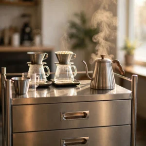 Troli bar stainless steel custom, Meja service stainless dengan laci, Meja troli dapur stainless steel,