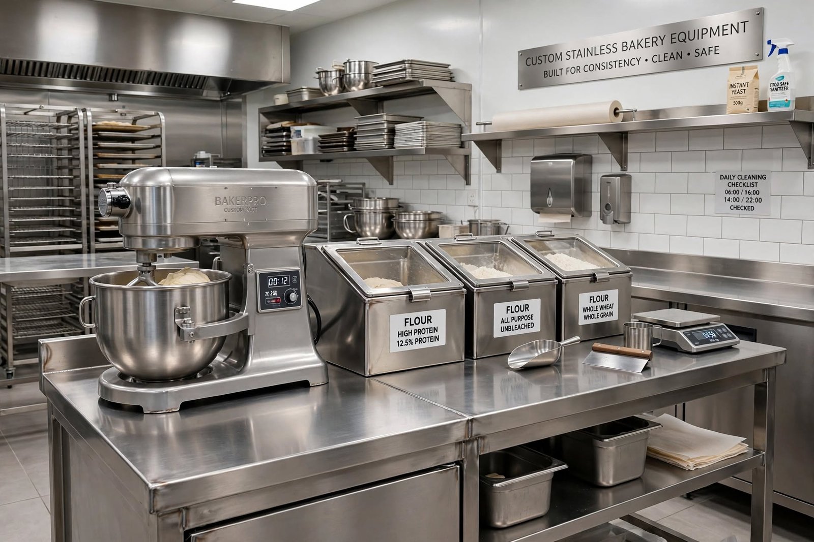 custom_stainless_bakery kitchen equipment stainless custom untuk donat, meja bakery stainless custom, meja adonan roti stainless,
