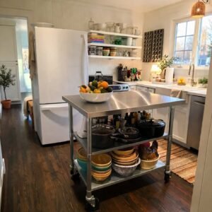 jual meja troli dapur stainless steel 3 susun, harga meja island stainless dapur, meja stainless 3 tingkat dengan roda, kitchen island trolley with wheels, meja dapur stainless anti karat,