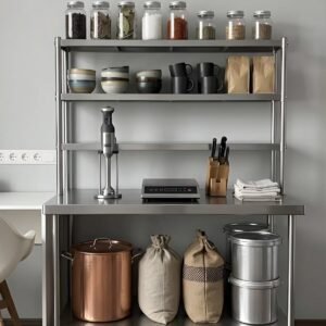 jual meja stainless custom dengan triple overshelf