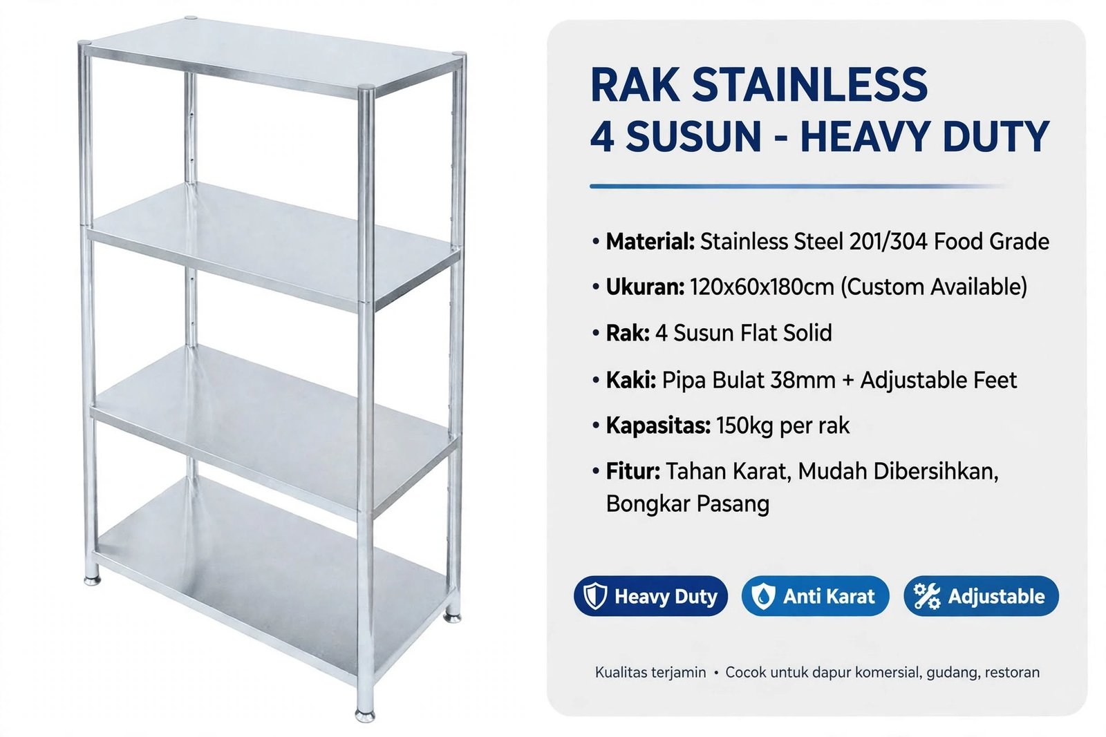 Rak Stainless 4 Susun 120x60x180cm Heavy Duty Rak Stainless 4 Susun 120x60x180cm Heavy Duty