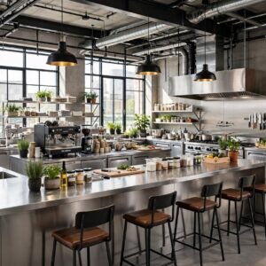 Inspirasi Dapur Cafe Industrial Dengan Meja Stainless
