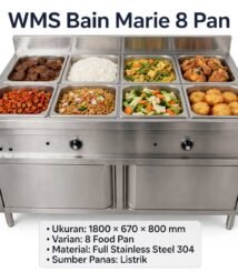 Meja Penghangat Makanan 4 Pan Listrik Full Stainless dengan Kaca Pelindung