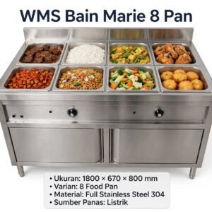 Meja Penghangat Makanan 4 Pan Listrik Full Stainless dengan Kaca Pelindung