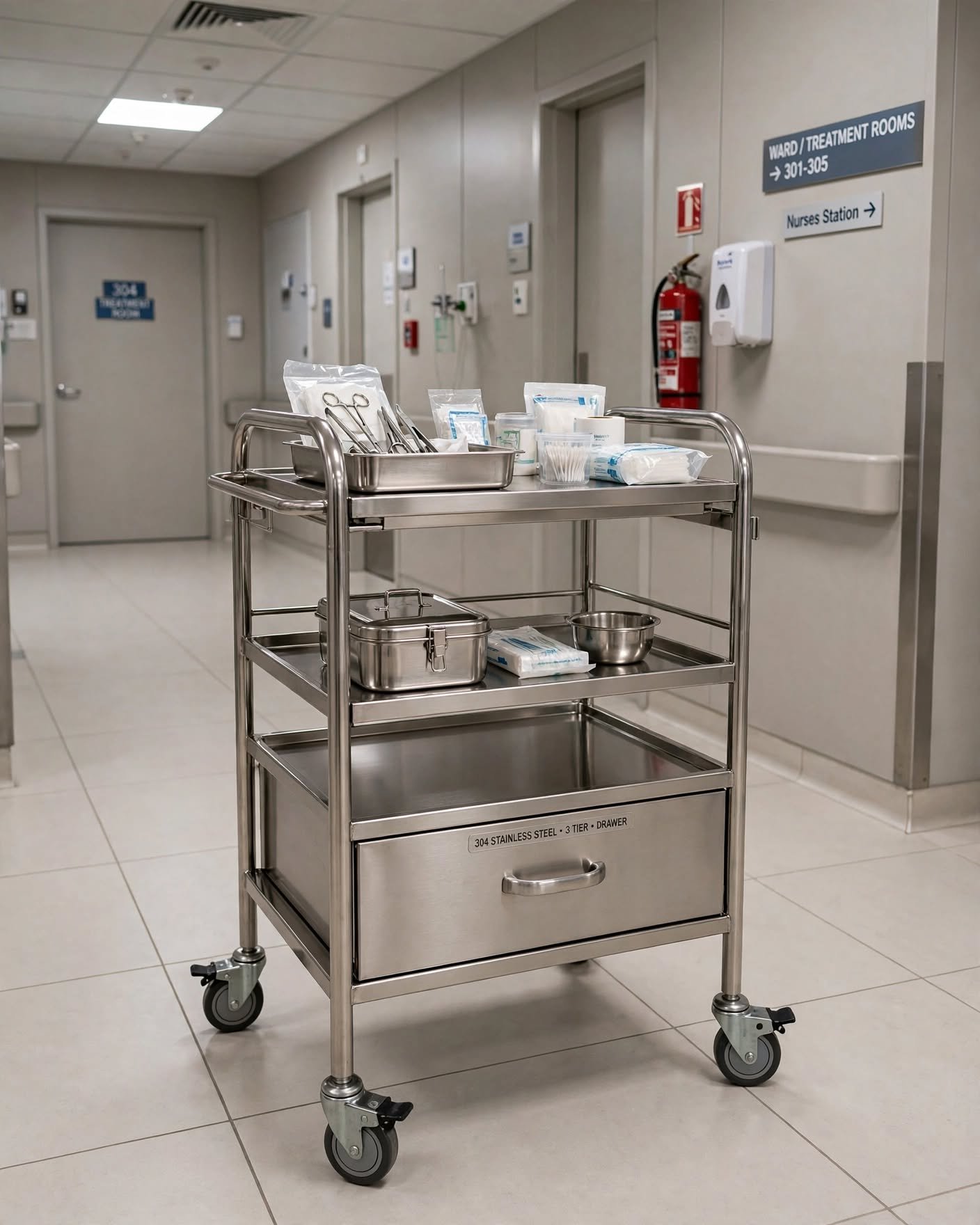 Medical Trolley Stainless Steel 304 - 3 Tier With Drawer - Instrument Trolley - Hospital Equipment Medical Trolley Stainless Steel 304 - 3 Tier With Drawer - Instrument Trolley - Hospital Equipment