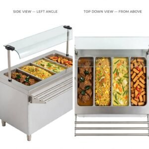 Bain Marie Elektrik 4 Tray + Tutup Kaca Sneeze Guard dan Tray Slide Stainless 304