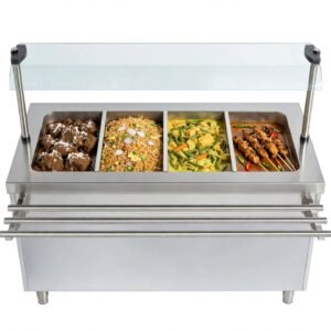 Meja Prasmanan Penghangat Makanan 4 Pan Stainless dengan Sneeze Guard