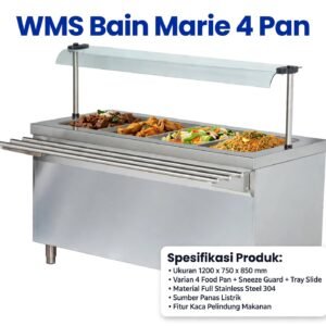 WMS Professional Bain Marie 4 Pan with Sneeze Guard & Tray Slide - Commercial Food Warmer Stainless 304