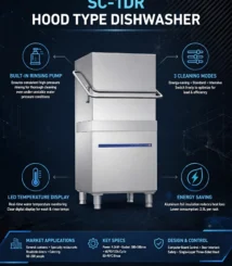 mesin cuci piring otomatis restoran, dishwasher kapasitas besar, mesin pencuci piring hemat air, dishwasher 3 mode cuci, mesin cuci piring stainless steel, dishwasher dengan rinsing pump