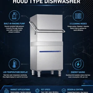 mesin cuci piring otomatis restoran, dishwasher kapasitas besar, mesin pencuci piring hemat air, dishwasher 3 mode cuci, mesin cuci piring stainless steel, dishwasher dengan rinsing pump