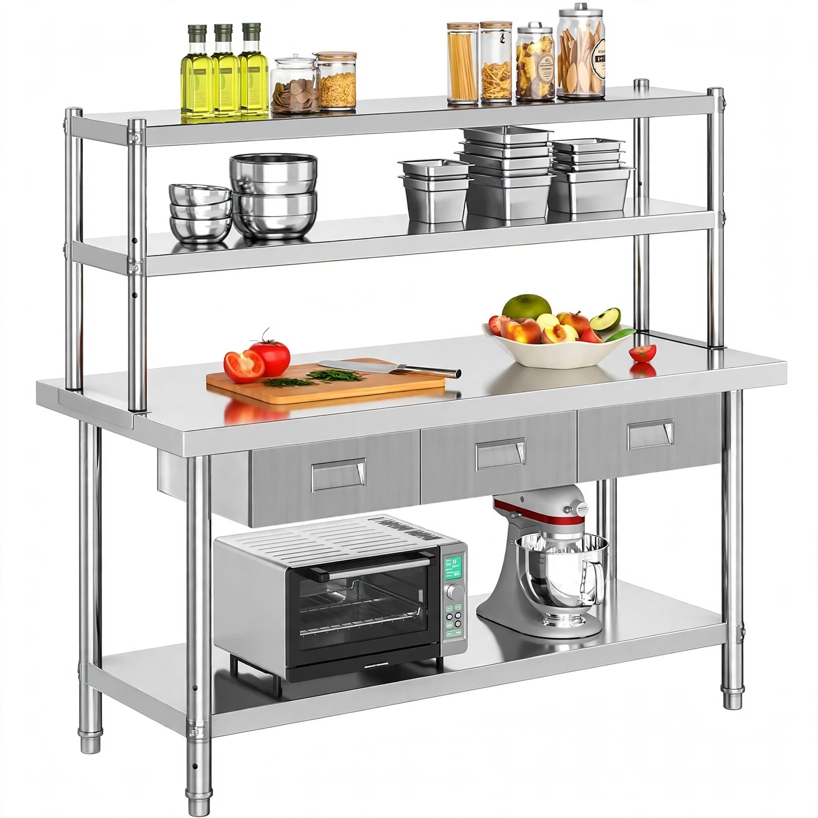 stainless_kitchen_table_with_overshelf meja dapur restoran 3 laci