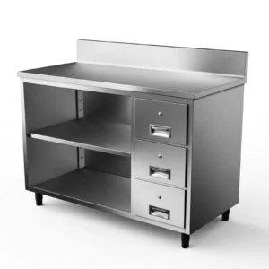 meja staiinless dengan open cabinet dan drawer untuk cafe dan resto