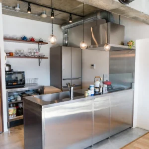 meja stainless cabinet custom untuk mini cafe di mall atau itc square
