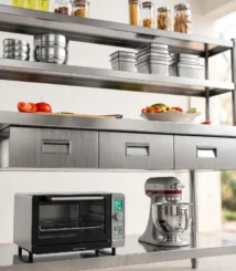 meja dapur stainless 3 laci, meja stainless double rak atas