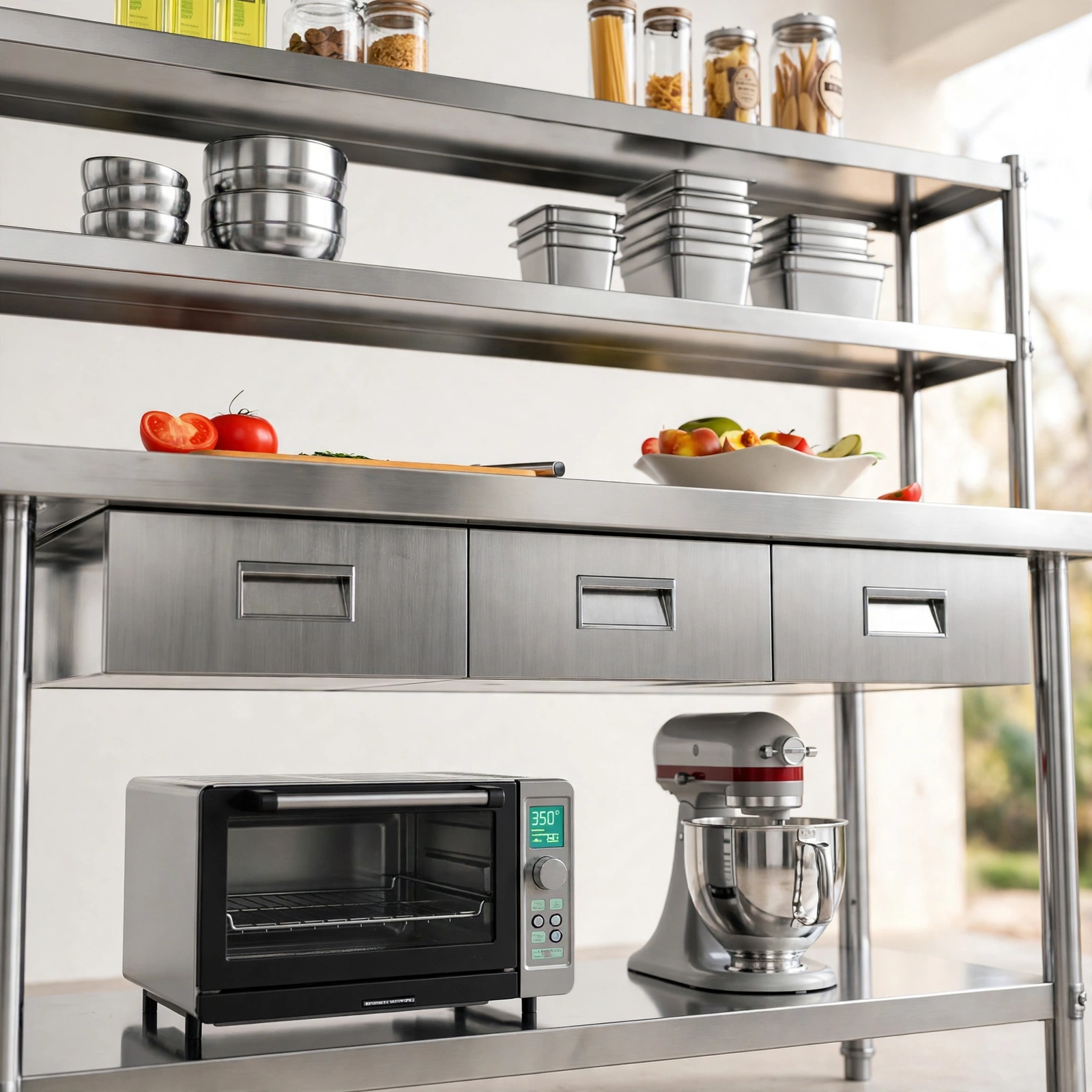 stainless_steel_kitchen_table_2 meja dapur stainless 3 laci, meja stainless double rak atas