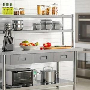 Meja Dapur Stainless 150cm 3 Laci Double Rak Atas
