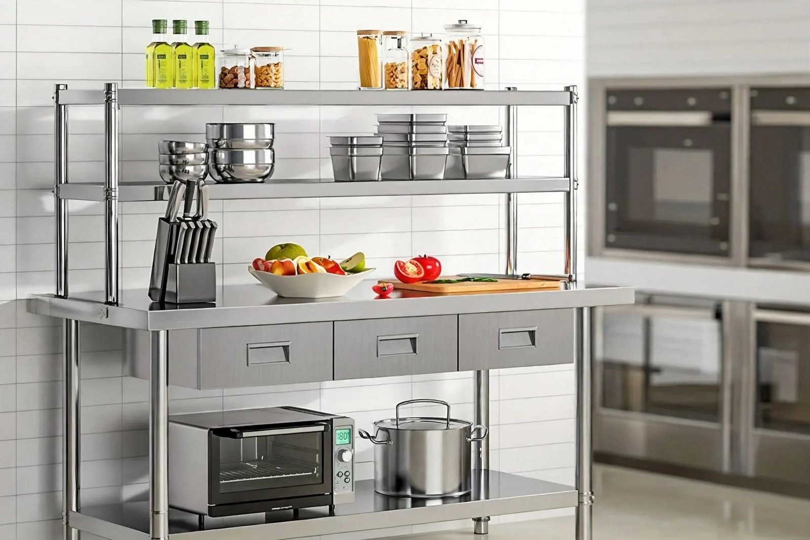 Meja Dapur Stainless 150cm 3 Laci Double Rak Atas Meja Dapur Stainless 150cm 3 Laci Double Rak Atas