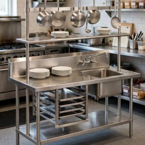 meja prep table dengan bak cuci dan pot rack atas custom