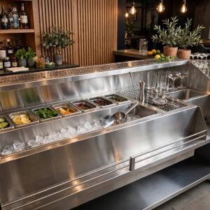 meja bartender station stainless with ice bin & sink custom