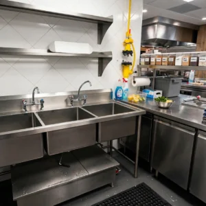 Meja Sink Stainless 3 Bak + Rak Gantung Untuk Dapur Resto Komersial