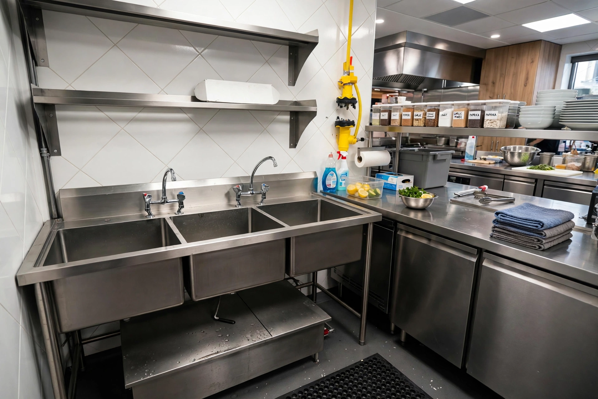 Meja Sink Stainless 3 Bak + Rak Gantung Untuk Dapur Resto Komersial Meja Sink Stainless 3 Bak + Rak Gantung Untuk Dapur Resto Komersial