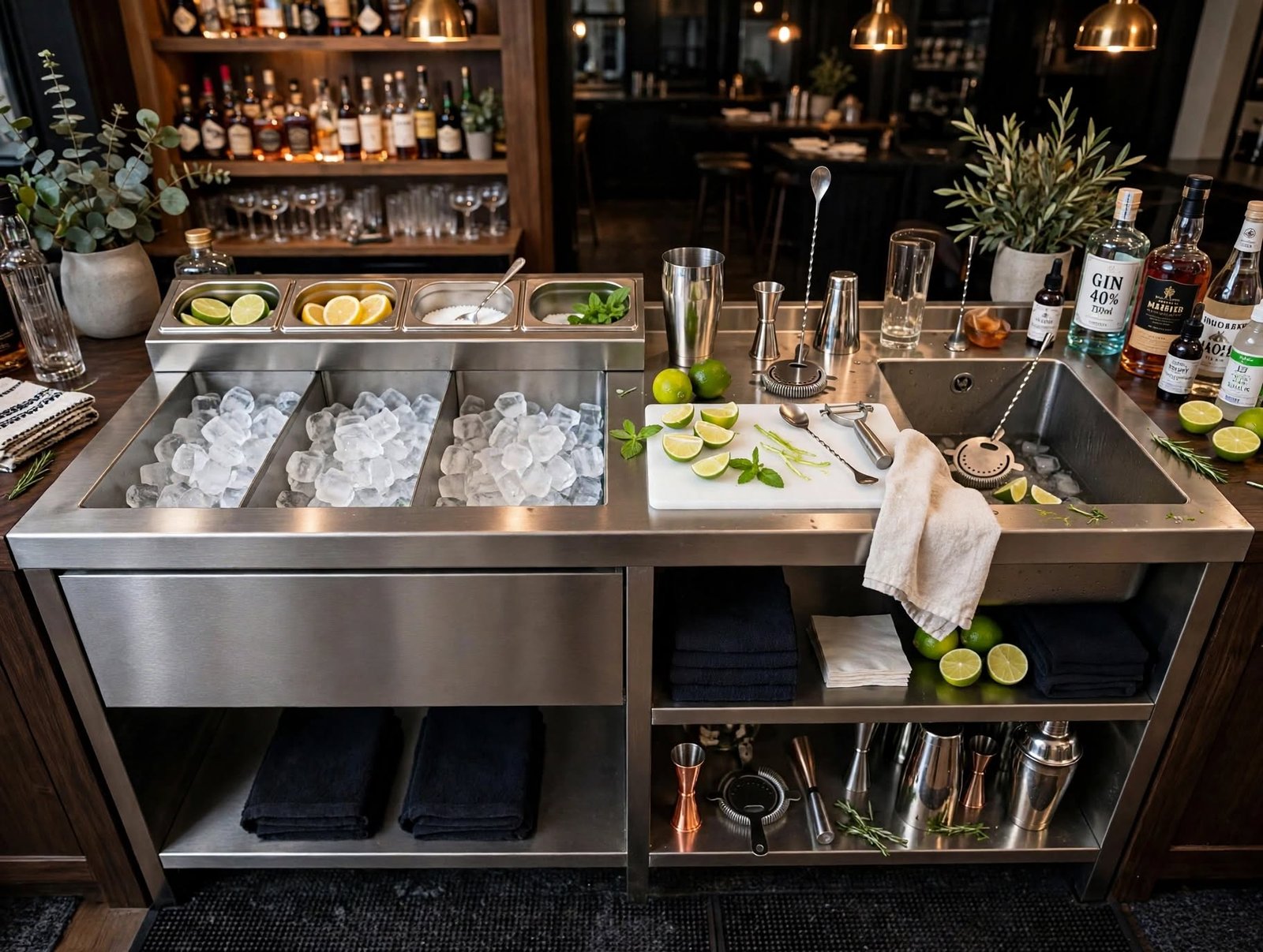 Meja Bar Cocktail Stainless 3 Ice Bin With Cutting Board Custom Meja Bar Cocktail Stainless 3 Ice Bin With Cutting Board Custom
