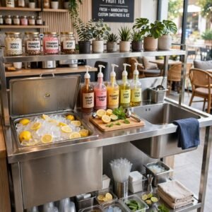 Fabrikasi Meja Bar Stainless dengan Tempat Es dan Wastafel